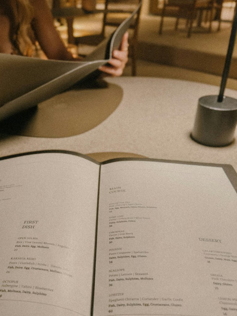 Someone is looking at a restaurant menu.